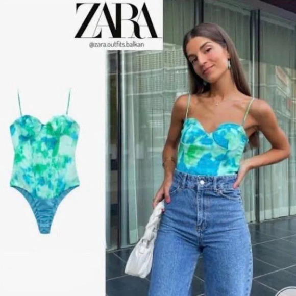 Zara Satin Effect Bustier Corset Bodysuit Blue Green Size Small Blogger Fave - Picture 1 of 15
